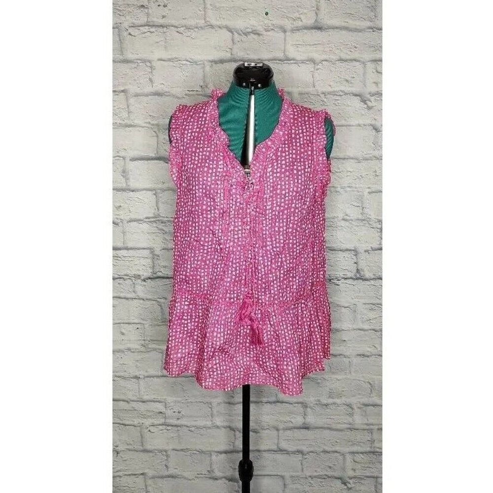 LOLA Australia Womens Peplum Top Pink White Speckled Sleeveless V Neck Ruffles L